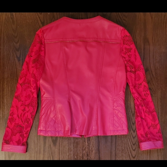 Nygard Collection Missy Faux Leather Blazer Jacket with Lace Sleeves, Poppy - Picture 2 of 3